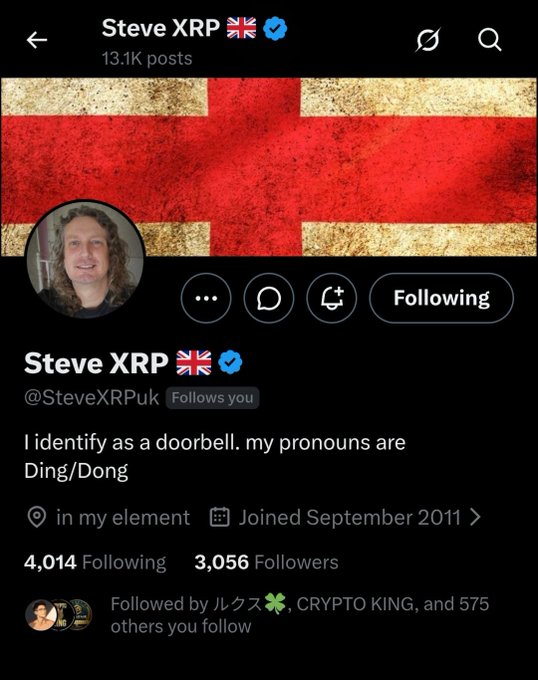 A Twitter/X profile page for "Steve XRP 🇬🇧" (@SteveXRPuk) showing 13.1K posts, 4,014 following, and 3,056 followers, with a bio that humorously states "I identify as a doorbell. my pronouns are Ding/Dong." The image relates to the post by highlighting the featured XRP enthusiast being given a shoutout and follow recommendation.