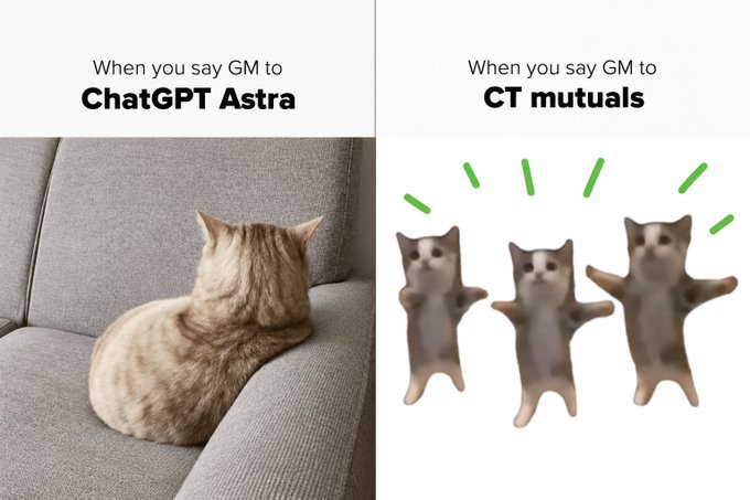 A two-panel meme compares responses to saying "GM": on the left, a single cat sits disinterested on a couch with the caption "When you say GM to ChatGPT Astra," while on the right, three excited cats dance enthusiastically under the caption "When you say GM to CT mutuals." The image accompanies the post "GM CT 💚," playfully illustrating that crypto/CT (Crypto Twitter) mutuals greet each other with much more enthusiasm than an AI assistant does.