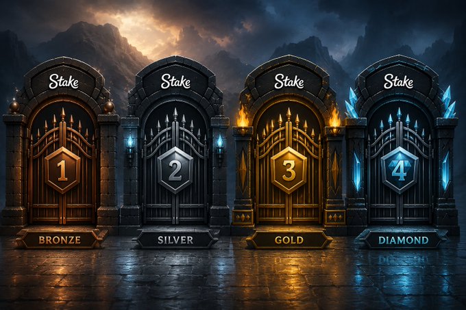 Four ornate "Stake" branded doors stand in a mystical landscape, labeled Bronze (1), Silver (2), Gold (3), and Diamond (4), each representing a different VIP tier with unique color schemes—bronze, silver, golden, and icy blue respectively—inviting users to choose a door revealing their Stake.com loyalty level.