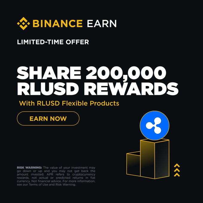 A Binance Earn promotional banner advertising a limited-time offer to share 200,000 RLUSD rewards through RLUSD Flexible Products, featuring an "EARN NOW" call-to-action button and a stylized 3D trophy icon with the Ripple logo. The ad aligns with the post's message encouraging users to put their RLUSD to work rather than letting it sit idle.