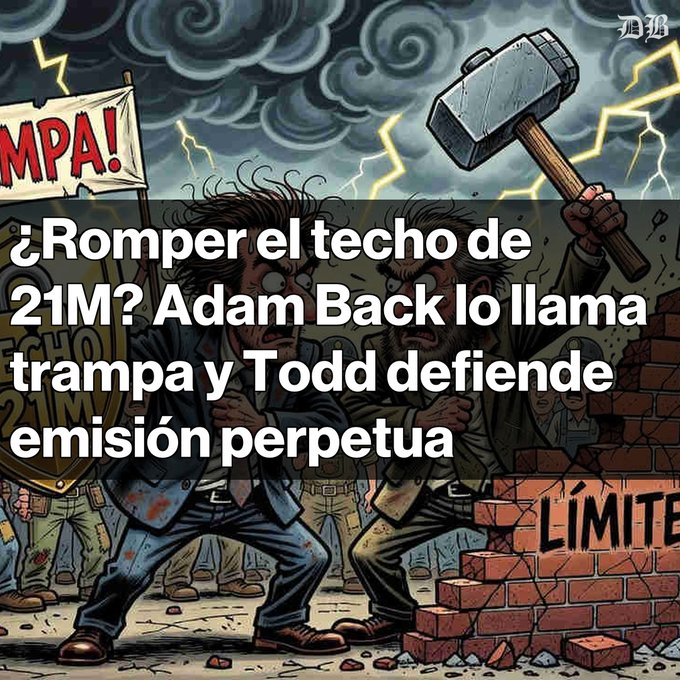 A cartoon illustration shows two furious men facing off at a brick wall labeled 'LÍMITE', with one holding a sledgehammer and a banner reading '¡MPA!'; overlay text reads '¿Romper el techo de 21M? Adam Back lo llama trampa y Todd defiende emisión perpetua'.