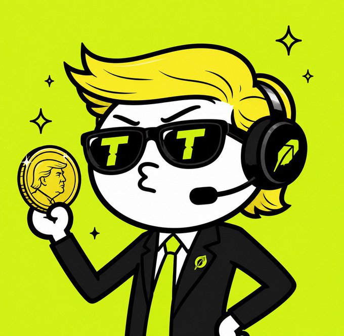 A cartoon character styled with Donald Trump's blonde hair, wearing sunglasses with 'T' logos, a suit, and a headset, holds up a gold coin featuring Trump's profile.