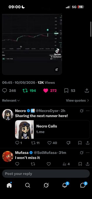 A dark-mode TikTok post from 09:00 showing a stock chart from TikTok, with 12K views, 246 comments, 194 reposts, 272 likes, and replies from Necro (@NecroDyor) sharing 'Necro Calls' and Mufasa (@SolMufasa) saying 'I won't miss it'.