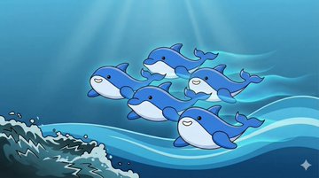 Digital illustration/artwork showing cute cartoon dolphins swimming together underwater in a stylized ocean scene with light rays and waves.