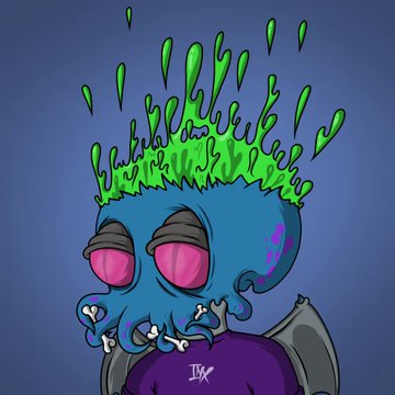 A digital illustration of a blue, octopus-like creature with pink eyes wearing a purple shirt, with green slime or tentacles erupting from its head against a dark blue background.