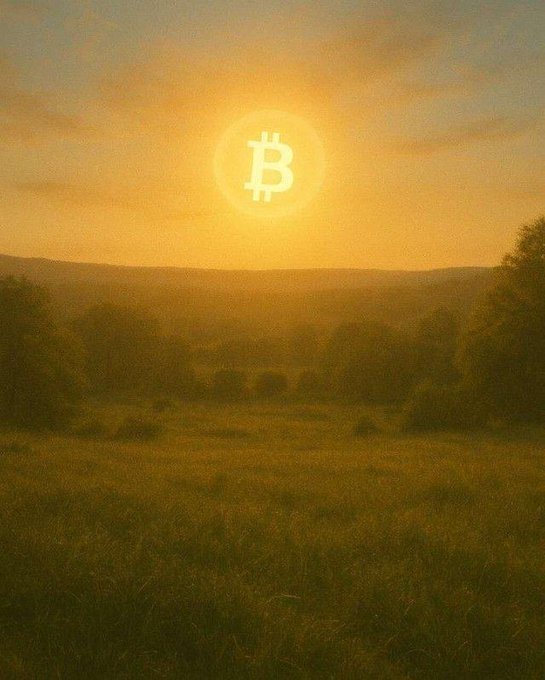 A Bitcoin logo (₿) glowing in the sky like a sun at sunset or sunrise, casting a warm orange light over a grassy landscape.
