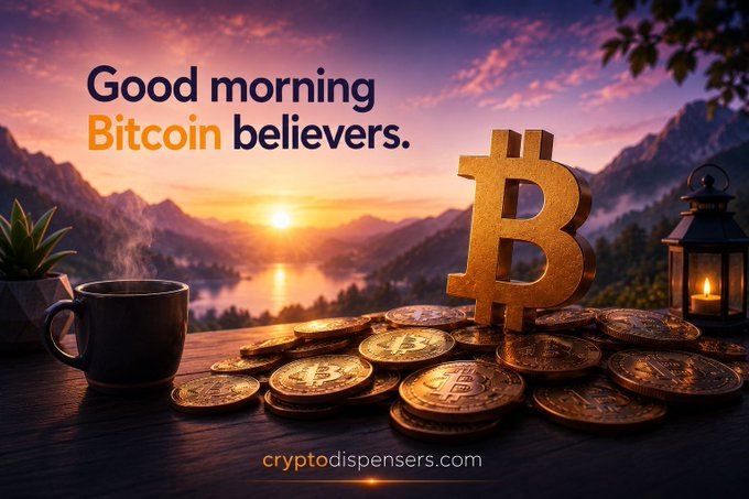 A 'Good morning Bitcoin believers' greeting image from cryptodispensers.com, featuring a large gold Bitcoin symbol and coins on a wooden table, alongside a steaming coffee mug and a lit lantern, set against a scenic mountain sunrise backdrop.