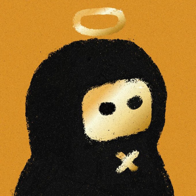 A stylized illustration of a figure in a black hooded cloak with a simple, masked face, a white halo floating above its head, and a small X over its mouth, set against a textured orange background.