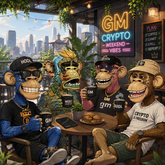 A vibrant, stylized digital illustration of four anthropomorphic apes wearing crypto-themed apparel ("HODL", "PEGGEN", "BUILD", "CRYPTO IS FREEDOM") sitting at a rooftop café under a neon "GM CRYPTO WEEKEND VIBES" sign, with a "PLAN: ☑ COFFEE ☑ CHART ☑ CHILL ☑ REPEAT" chalkboard.