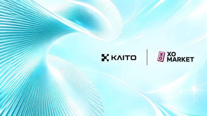 A promotional banner with a light blue abstract background displaying the logos for "KAITO" and "XO MARKET".