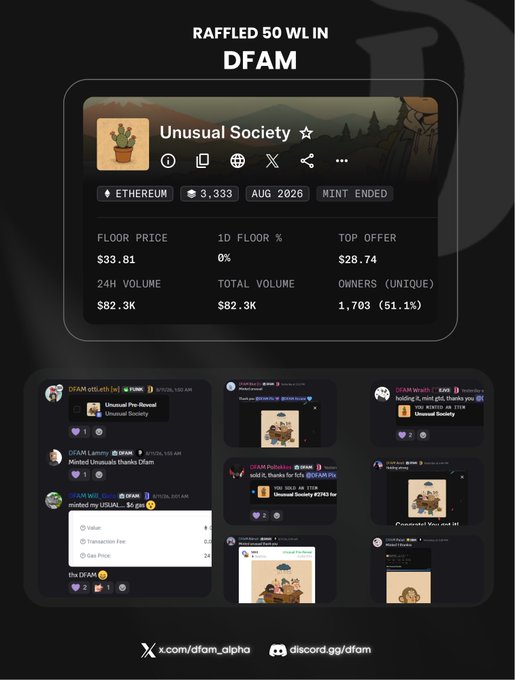 A promotional graphic titled "RAFFLED 50 WL IN DFAM" advertises the "Unusual Society" NFT collection on Ethereum, displaying floor price ($33.81), 24H volume ($82.3K), and total owners (1,703/51.1%), with Discord screenshots below and links to x.com/dfam_alpha and discord.gg/dfam.