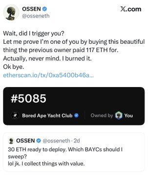 A screenshot of a tweet by 'ossen.eth' about buying an NFT (#5085 from Bored Ape Yacht Club) and burning it after being triggered that the previous owner paid 117 ETH.