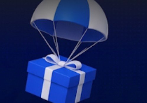 A 3D illustration of a blue gift box tied with a white ribbon, descending with a blue and white striped parachute against a dark blue background.