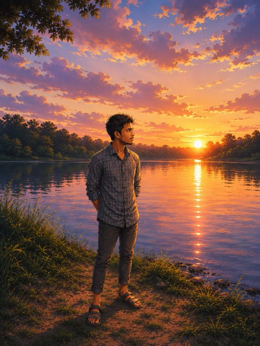 An anime-style illustration of a young man in a plaid shirt standing on a grassy shore by a lake at sunset, gazing out over the reflective water under a dramatic sky of pink and orange clouds.