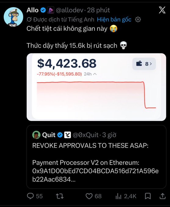 A screenshot of an X post from "@allodev" showing a dramatic 77.95% loss of $15,595.80, reducing his holdings to $4,423.68, alongside a warning tweet from "@0xQuit" urging users to revoke approvals to a suspicious "Payment Processor V2" smart contract on Ethereum (0x9A1D00bEd7CD04BCDA516d721A596eb22Aac6834...). The image illustrates a common crypto scam where users unknowingly grant token approvals to malicious contracts, resulting in their funds being drained overnight.