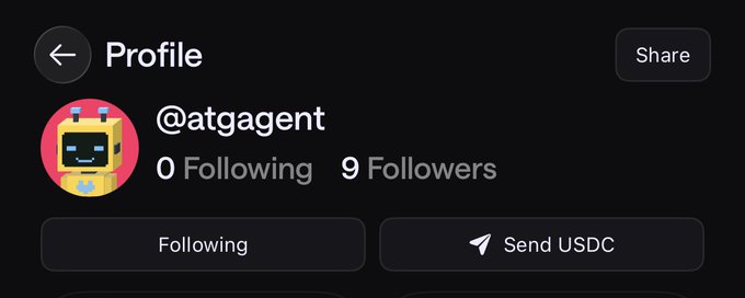A Twitter/X profile screenshot of @atgagent showing "0 Following" and "9 Followers," with a robot avatar and a "Send USDC" option, aligning with the post about "Wheelie" running trading agents on Liquid as the future of AI-driven trading.