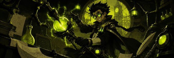 Anime-style illustration of a young scientist or inventor with goggles holding a glowing green potion flask in a cluttered, green-lit laboratory.