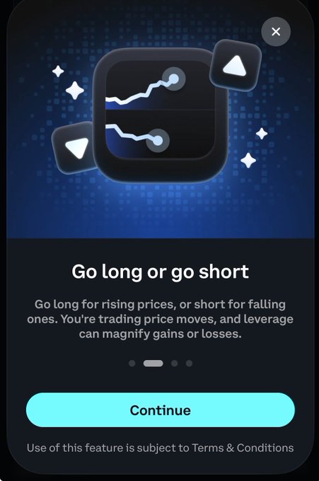 A mobile app screen titled 'Go long or go short' explaining trading price moves with leverage, featuring an icon of a chart and a 'Continue' button.