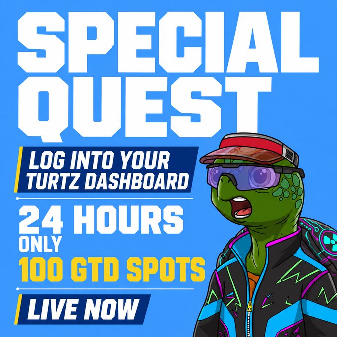 The image is a vibrant promotional graphic featuring "SPECIAL QUEST" in large white text on a blue background, alongside a cartoon turtle character wearing a red visor cap, purple sunglasses, and a colorful neon jacket. Additional text reads "LOG INTO YOUR TURTZ DASHBOARD," "24 HOURS ONLY," "100 GTD SPOTS," and "LIVE NOW," directly advertising the limited-time quest mentioned in the post with 120 submissions and a 24-hour window to secure one of the 100 guaranteed spots.