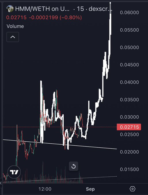 A TradingView chart of HMM/WETH at $0.02715 (-0.80%) shows price consolidating above a rising trendline before a sharp rally near $0.060, visually supporting the claim that every $HMM dip is being bought and absorbed by buyers.