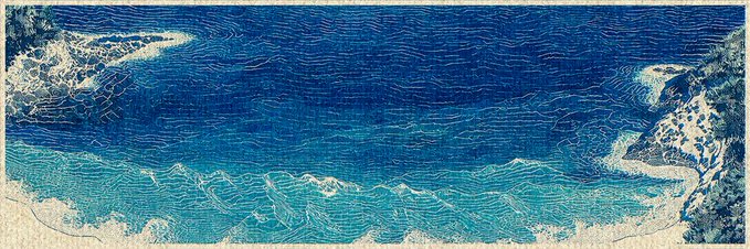 An artistic blue illustration of ocean waves with textured white foam, depicting a stylized seascape.