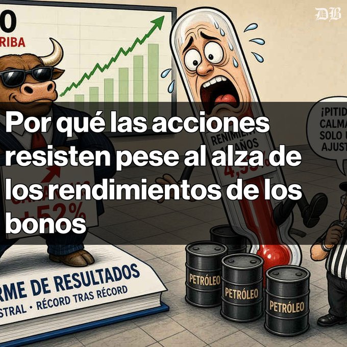 A Spanish-language financial cartoon from DB titled "Por qué las acciones resisten pese al alza de los rendimientos de los bonos" (Why stocks resist despite rising bond yields), depicting a panicked thermometer character and a bullish figure alongside oil barrels.