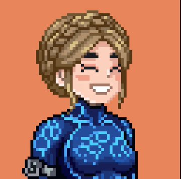 A pixel art portrait of a smiling woman with a brown bob haircut wearing a blue patterned top, set against a solid orange background. The post describes her as a "NORMIE" and "Pixona" character, suggesting the pixelated artwork represents the creator's appreciation for pixel art style.