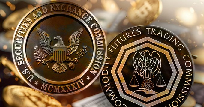 Two official seals rest on scattered gold coins: the U.S. Securities and Exchange Commission seal marked 'MCMXXXIV' and the Commodity Futures Trading Commission seal.