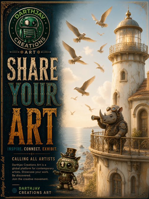 A poster for 'Darthjav Creations Art' asking viewers to 'SHARE YOUR ART' with the tagline 'INSPIRE. CONNECT. EXHIBIT.' and 'CALLING ALL ARTISTS', featuring a robot and a rhinoceros on a lighthouse balcony with seagulls flying overhead.
