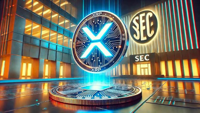 An XRP coin hovers in front of a building with "SEC" prominently displayed, symbolizing the potential regulatory clarity for digital assets. This image visually represents the connection between XRP and the SEC, as mentioned in the post regarding the CLARITY Act.