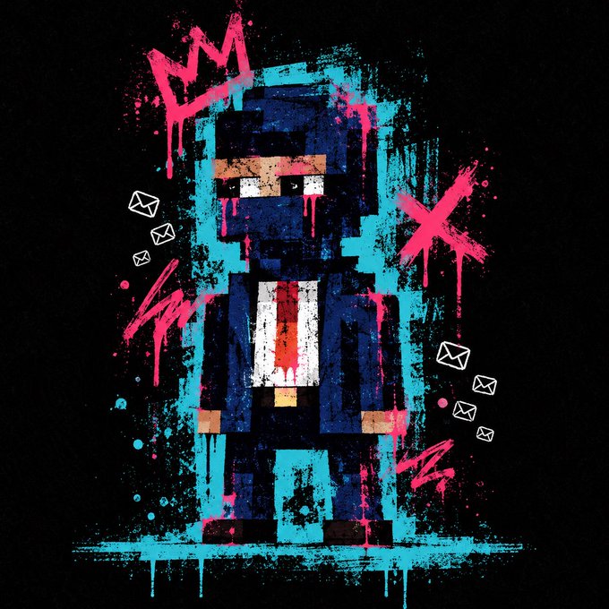 A graffiti-style pixel art illustration depicts a blocky character in a suit with pixelated sunglasses, surrounded by dripping pink and blue paint splatters, crowns, 'X' marks, and envelope icons.