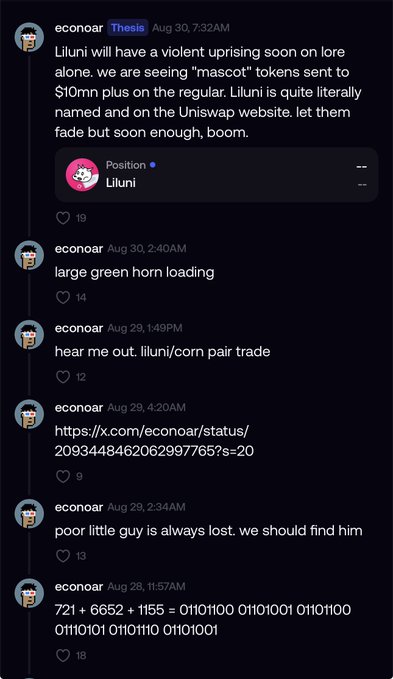 A user named "econoar" posts cryptic messages about an upcoming $Liluni token and NFT launch, including a pinned Liluni position, references to "mascot" tokens hitting $10mn+, and binary code "01101100 01101001 01101100 01110101 01110001" spelling "liluni." The posts align with the context of anticipating the $Liluni launch and NFT drop mentioned in the caption.