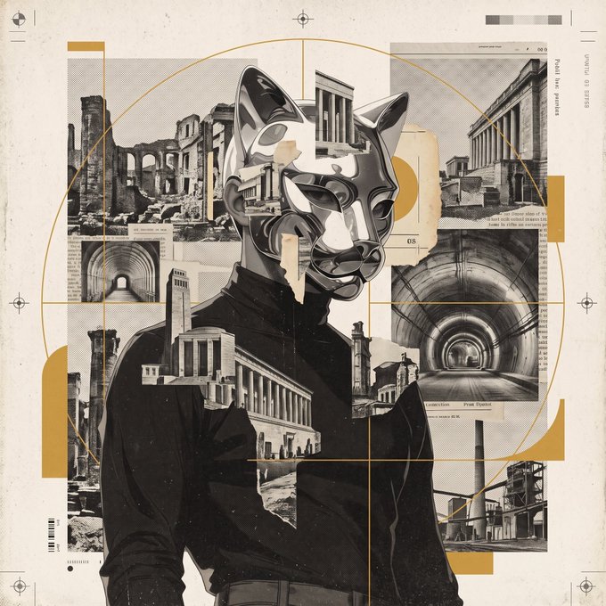 A surreal collage artwork featuring a metallic wolf-like mask over a human figure, surrounded by vintage photographs of classical ruins and architecture.