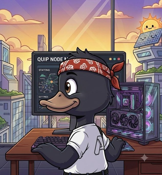 An illustrated cartoon character with a duck bill, red bandana, and white shirt sits at a desk with a glowing RGB PC tower and a monitor displaying 'QUIP NODE' with 'STATTING' and 'SETTINGS' menus against a sunset cityscape.