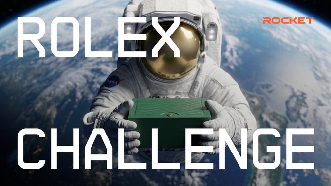 An astronaut floats above Earth holding a green Rolex watch box, with bold text reading "ROLEX CHALLENGE" and the "ROCKET" logo in the top right corner, promoting Rocket Foundation's trading competition where the top volume trader in September wins a Rolex and 2x points on their onchain options protocol.