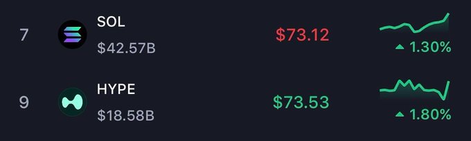 The image shows a dark grey square with two columns of data, one showing a $7.53B value for "HYPE" at the top and a decrease in price of 1.8% below that at the bottom, and another column displaying a $42.58B value for "SOL" positioned above it. The caption reads: "$HYPE just FLIPPED $SOL".