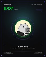 A digital artwork from the RITUAL series, numbered #331, titled 'OVERMANTIS,' depicting a cartoonish hippo-like creature in a dark circular frame.