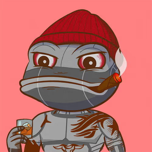 A cartoonish metallic character with red eyes, wearing a red beanie, has a cigar in its mouth and holds a glass of amber liquid against a pink background.