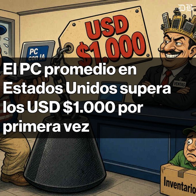 A cartoon illustration of a salesperson behind a counter with a large 'USD $1,000' price tag, with overlaid Spanish text stating 'El PC promedio en Estados Unidos supera los USD $1.000 por primera vez'.