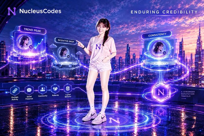 A promotional banner for NucleusCodes, subtitled 'ENDURING CREDIBILITY', features a smiling woman standing in a futuristic cityscape with holographic displays labeled 'TREND PEAK', 'INCENTIVE DROP', and 'CONSISTENCY'.