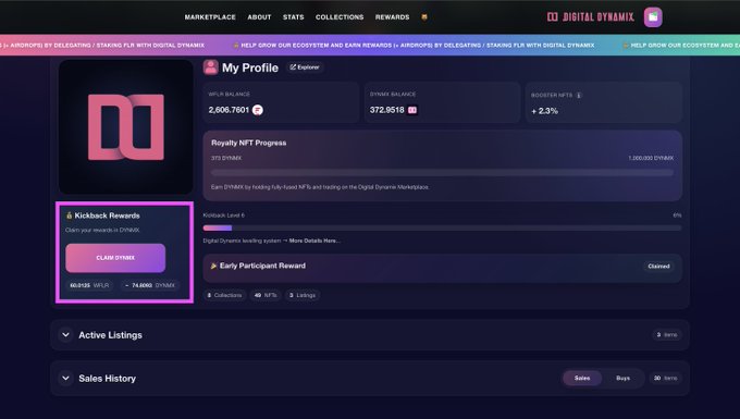 A Digital Dynamix NFT marketplace profile page showing My Profile with 2,606.7001 NFTL balance, 372.9518 DYNAX balance, and a +2.3% booster NFT, along with Kickback Rewards section.