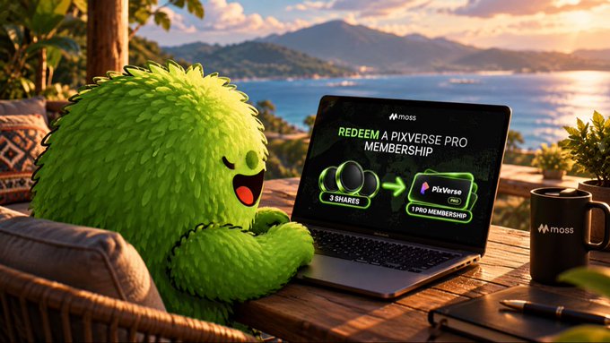 A 3D-rendered scene of a fluffy green moss-like mascot character sitting at a wooden table on a tropical patio, looking at a laptop screen displaying a Moss promotion to redeem 3 shares for a PixVerse Pro Membership.