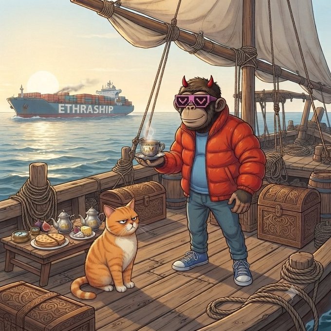 An illustrated scene on a ship's deck featuring a sunglasses-wearing monkey in a red puffer jacket holding a teacup, sitting next to an orange tabby cat, with an 'ETHRASHIP' cargo ship visible on the ocean in the background.
