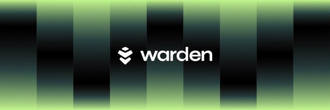 Warden logo/branding screen with a stacked layers icon on a dark green gradient background with vertical bars.