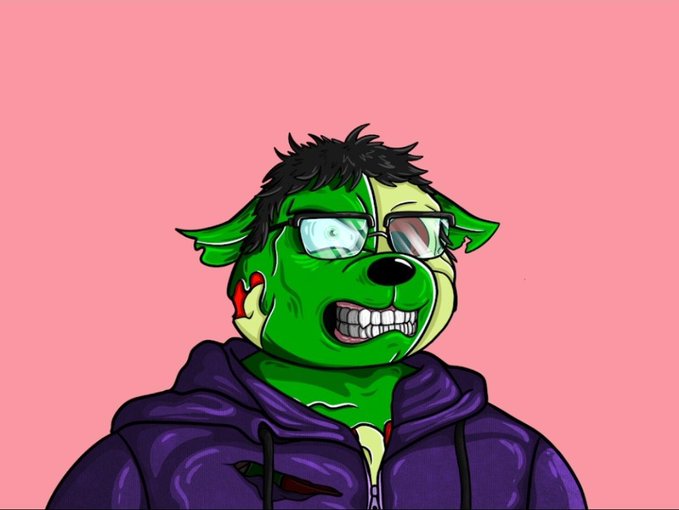 A digital illustration of a green, dog-like cartoon character with black hair, glasses, a bleeding cheek wound, and a purple hoodie against a pink background.