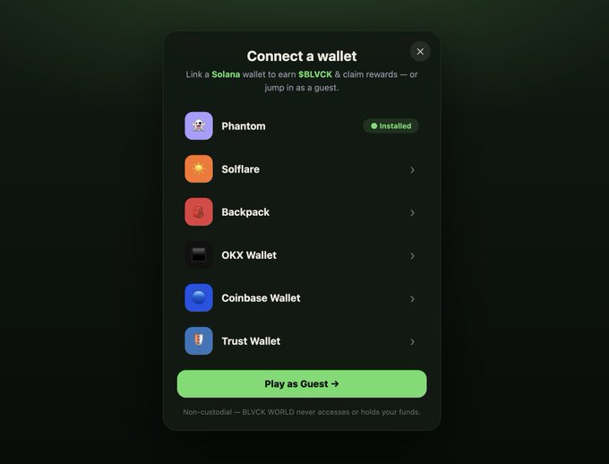 A 'Connect a wallet' dialog from $BLVCK WORLD showing options including Phantom (Installed), Solflare, Backpack, OKX Wallet, Coinbase Wallet, and Trust Wallet, with a 'Play as Guest' button.