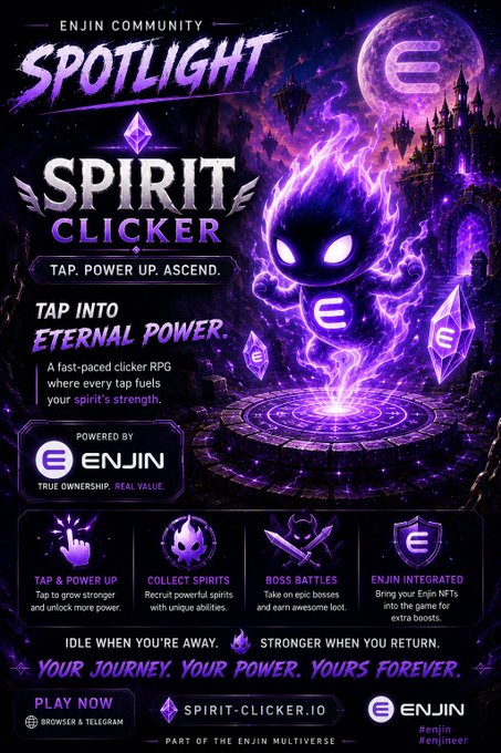 A promotional graphic for 'ENJIN COMMUNITY SPOTLIGHT SPIRIT CLICKER' advertising a clicker RPG game powered by Enjin.