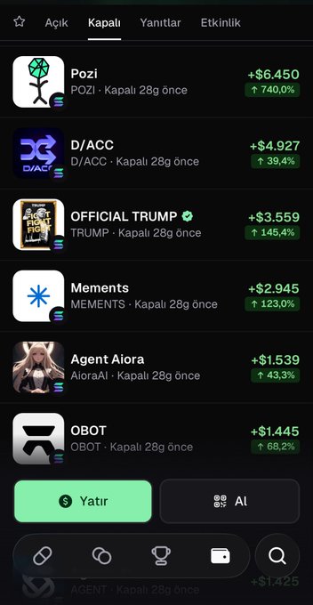 A mobile app screen displaying a cryptocurrency list showing POZI (+740%), D/ACC (+39.4%), OFFICIAL TRUMP (+145.4%), MEMENTS (+13.0%), Agent Aiora (+43.3%), and OBOT (+68.2%), all closed 28 hours ago, with Yatır and AI buttons at the bottom.
