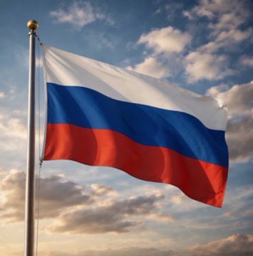 The Russian flag with its white, blue, and red horizontal stripes waving on a flagpole against a blue sky with scattered clouds.