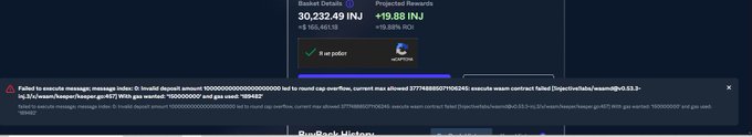 A cryptocurrency staking dashboard showing INJ token details with 30,232.49 staked and 19.88 projected rewards, displaying an error message about failing to execute a swap due to insufficient swap fee and a failed execution contract revert.